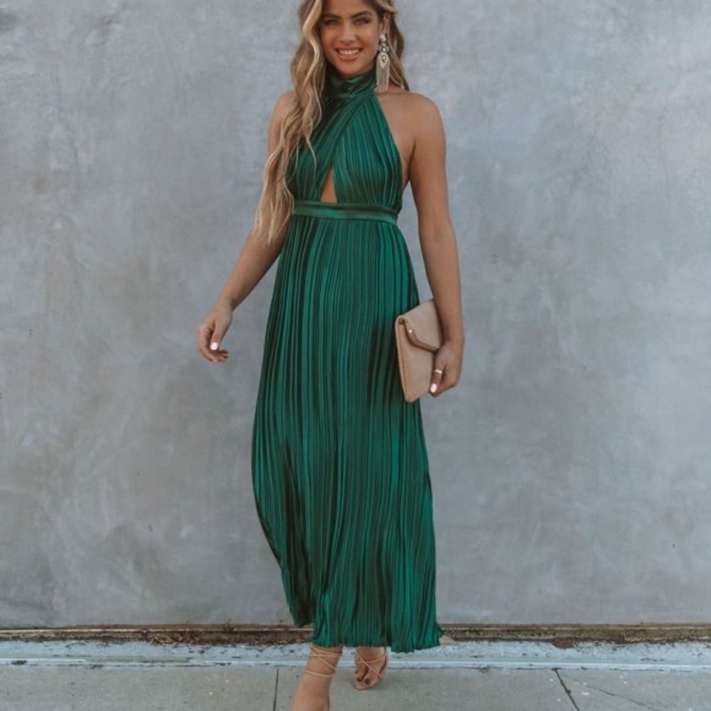 Vici Kollins Pleated Halter Midi Dress - Hunter Green